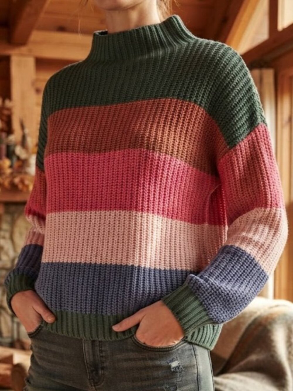 Multicolor Stripe Turtleneck Oversized Sweater